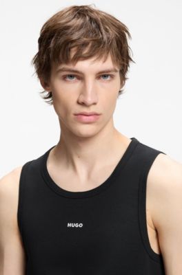 Camiseta de tirantes slim fit de algod&oacute;n el&aacute;stico con logo en contraste, Negro