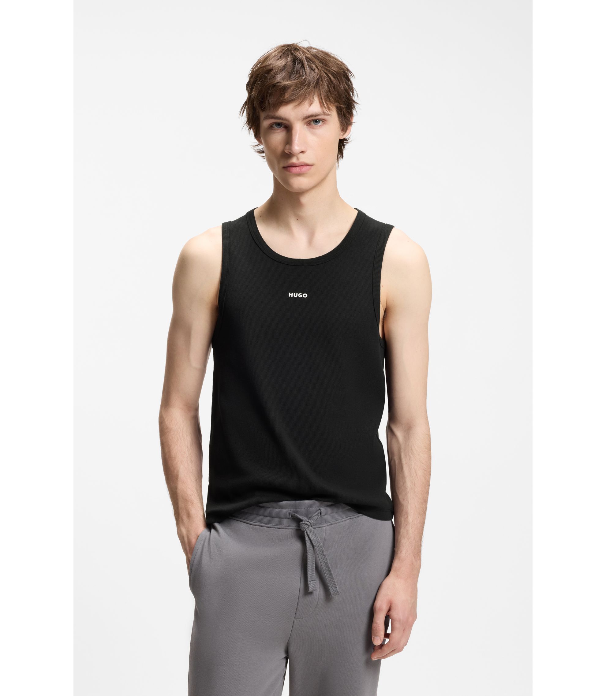 HUGO - Contrast-logo slim-fit tank top in stretch cotton - Black