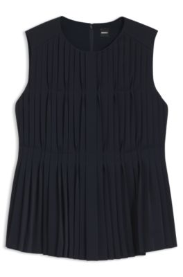 Sleeveless crepe blouse with pleats, Dark Blue