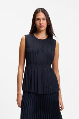Sleeveless crepe blouse with pleats, Dark Blue