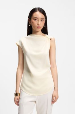 Regular-fit crepe blouse with a metal pin, Light Beige