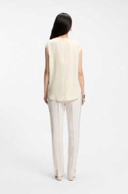 Regular-fit crepe blouse with a metal pin, Light Beige