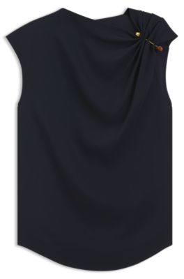 Regular-fit crepe blouse with a metal pin, Dark Blue