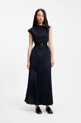 Regular-fit crepe blouse with a metal pin, Dark Blue