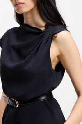 Regular-fit crepe blouse with a metal pin, Dark Blue