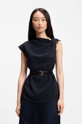 Regular-fit crepe blouse with a metal pin, Dark Blue