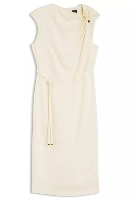Midi-length dress with gathered shoulder detail