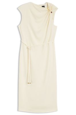 Midi-length dress with gathered shoulder detail, Light Beige