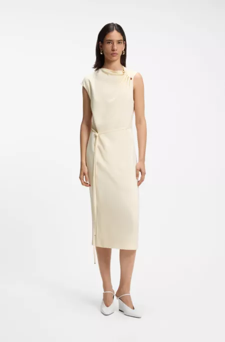 Midi-length dress with gathered shoulder detail