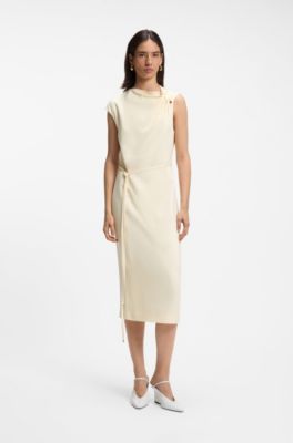 Midi-length dress with gathered shoulder detail, Light Beige