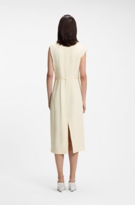 Midi-length dress with gathered shoulder detail, Light Beige
