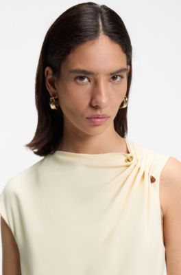 Midi-length dress with gathered shoulder detail, Light Beige