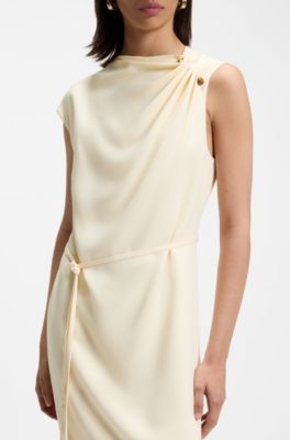 Midi-length dress with gathered shoulder detail, Light Beige