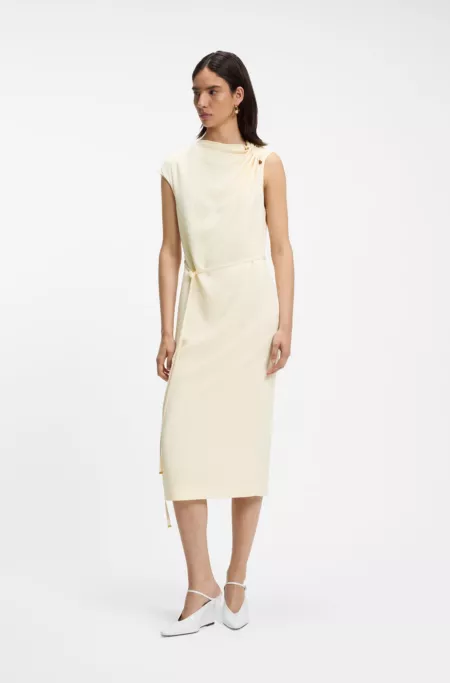 Midi-length dress with gathered shoulder detail