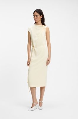 Midi-length dress with gathered shoulder detail, Light Beige