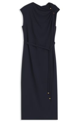 Vestido midi con detalles fruncidos en el hombro, Azul oscuro