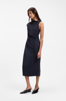 Midi-length dress with gathered shoulder detail, Dark Blue