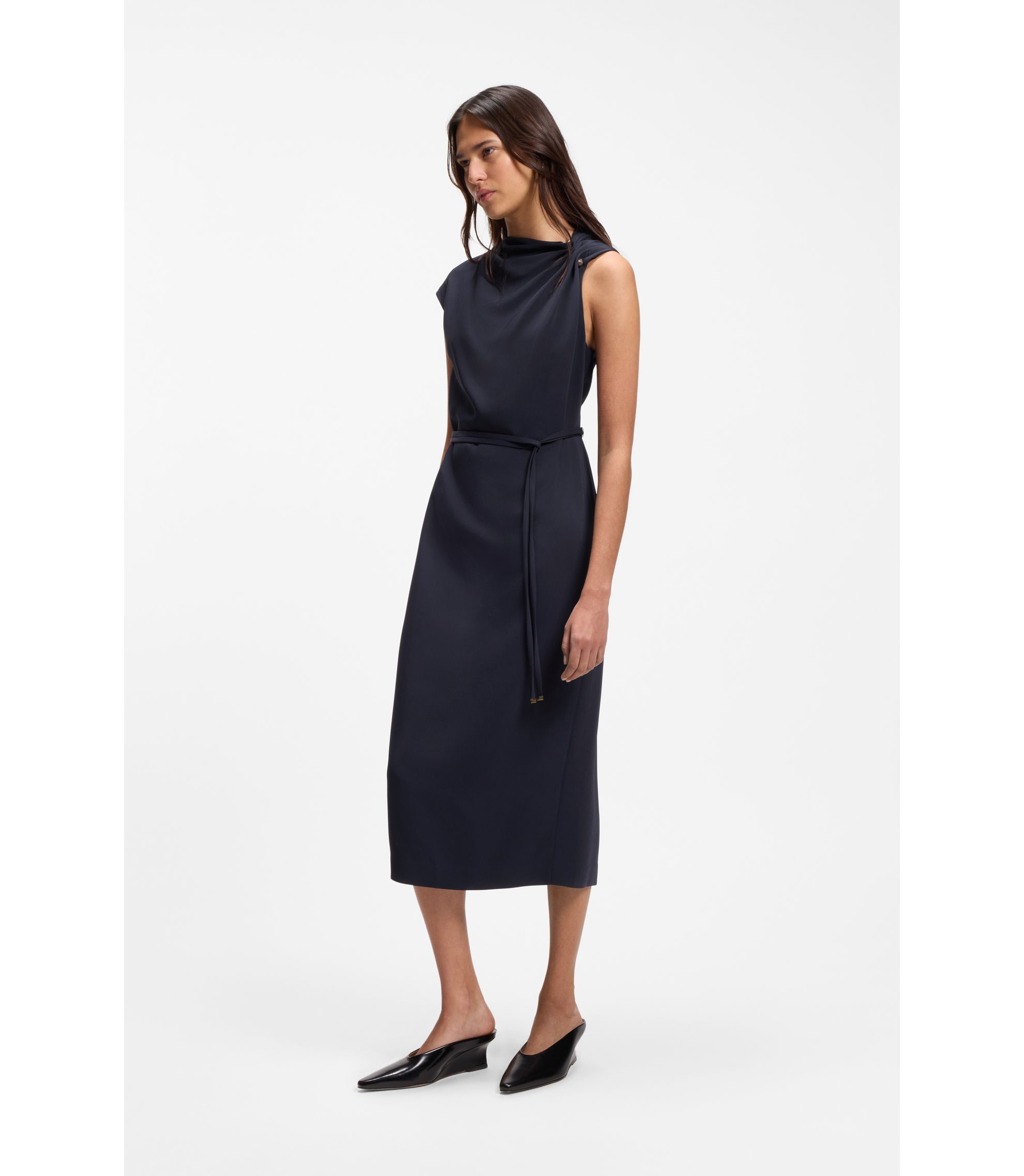 BOSS - Midi-length dress with gathered shoulder detail - Dark Blue