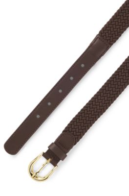 Woven belt with leather trims, Dark Brown