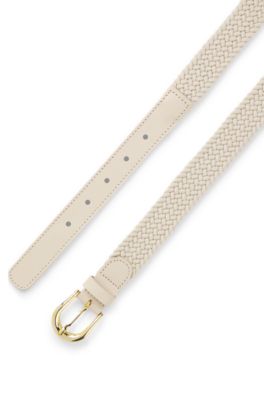 Woven belt with leather trims, Light Beige