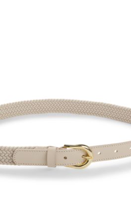 Woven belt with leather trims, Light Beige