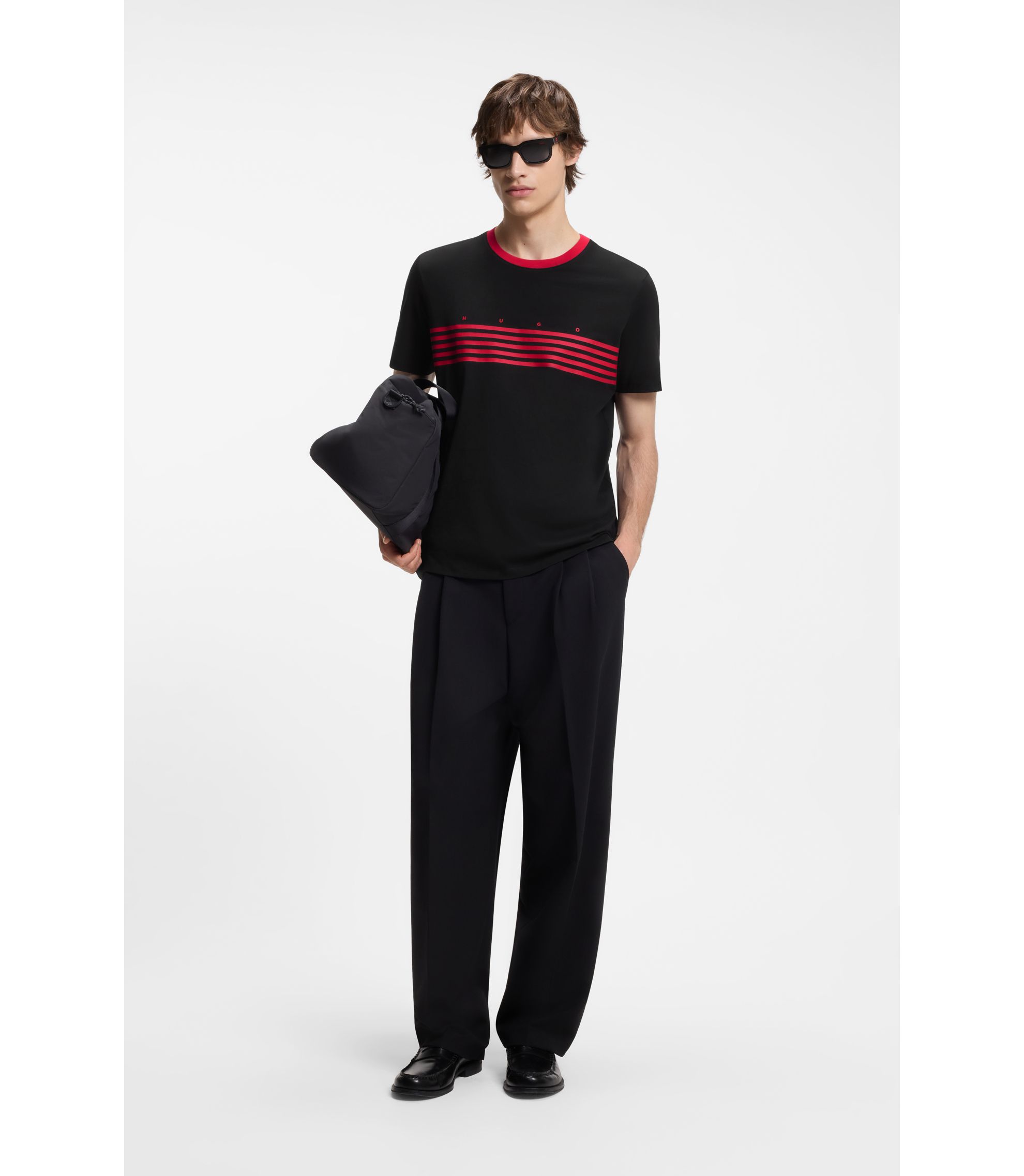 HUGO - Cotton T-shirt with printed stripes - Black