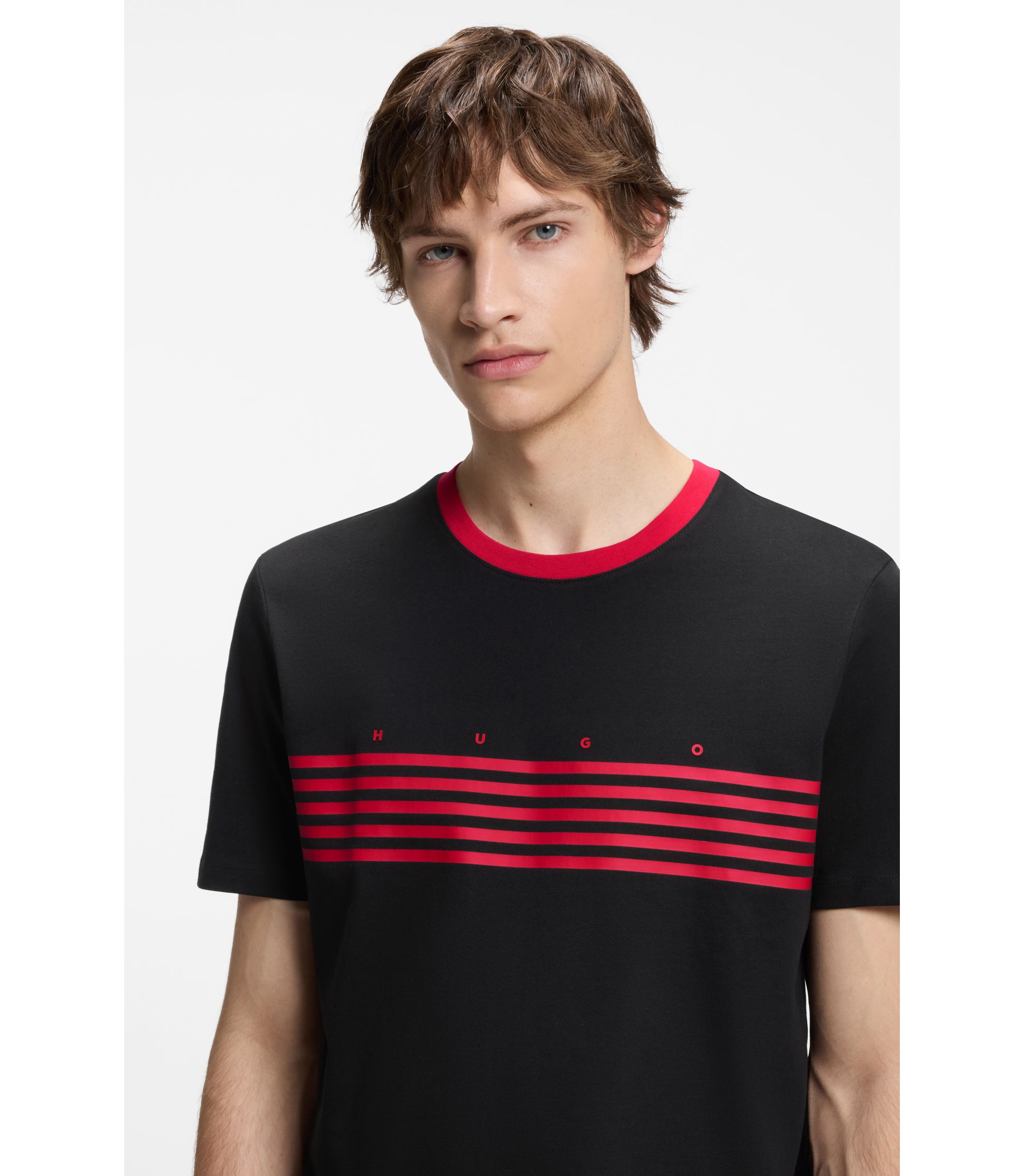 HUGO - Cotton T-shirt with printed stripes - Black