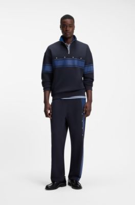 Zipper neck cotton sweatshirt with printed stripes, Dark Blue