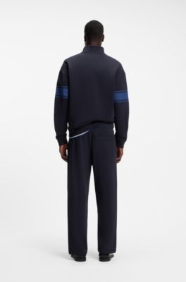Zipper neck cotton sweatshirt with printed stripes, Dark Blue