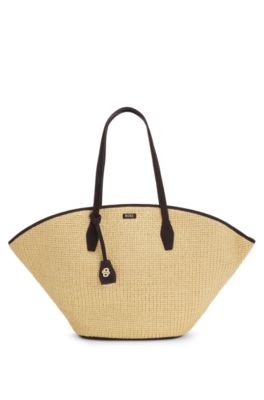 Raffia tote bag with leather trims, White