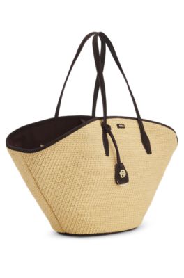 Raffia tote bag with leather trims, White