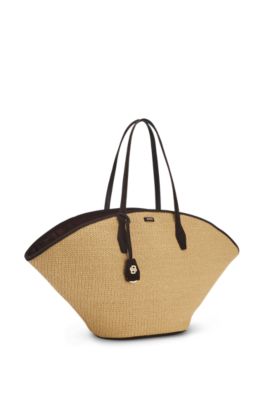 Bolso tote de rafia con apliques de piel, Beige