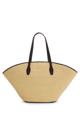 Raffia tote bag with leather trims, White