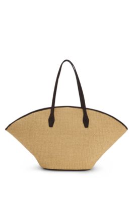 Bolso tote de rafia con apliques de piel, Beige