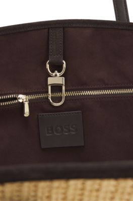 Bolso tote de rafia con apliques de piel, Blanco