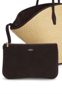 Raffia tote bag with leather trims, White