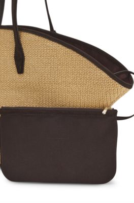 Bolso tote de rafia con apliques de piel, Beige