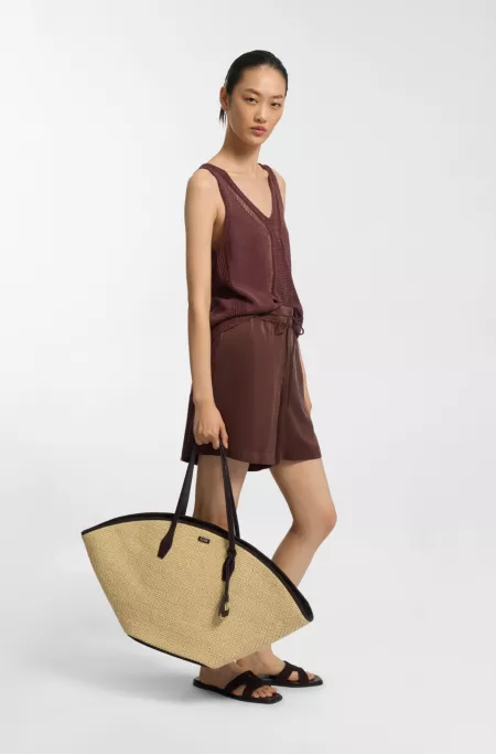Raffia tote bag with leather trims