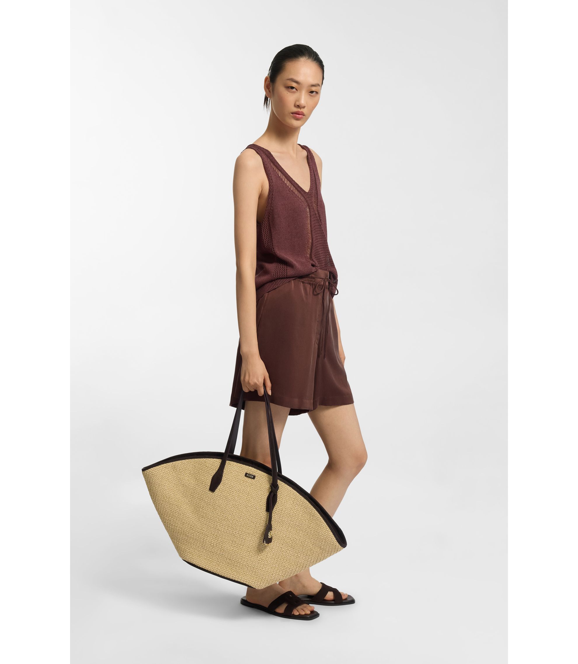 BOSS - Raffia tote bag with leather trims - White