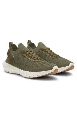 BOSS-MOTION sneakers with knitted uppers and leather trims, Dark Green