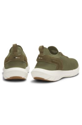 BOSS-MOTION sneakers with knitted uppers and leather trims, Dark Green