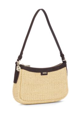 Bolso bandolera de rafia con colgante con monograma Double&nbsp;B, Blanco