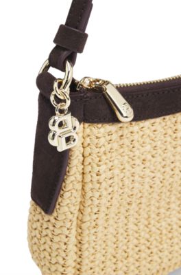 Bolso bandolera de rafia con colgante con monograma Double&nbsp;B, Blanco