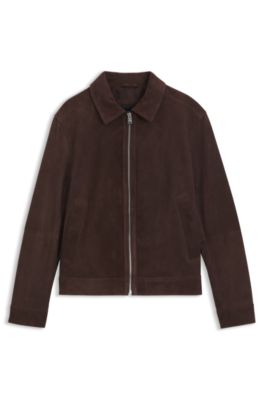Suede leather jacket with zipper closure, Dark Brown