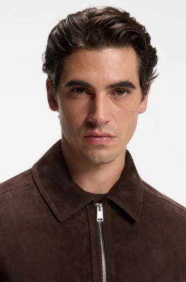 Suede leather jacket with zipper closure, Dark Brown
