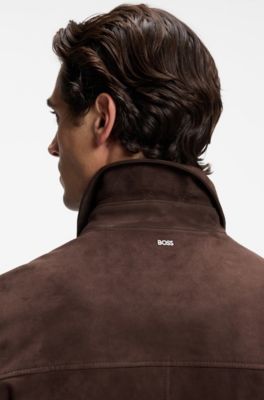 Suede leather jacket with zipper closure, Dark Brown