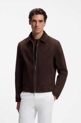 Suede leather jacket with zipper closure, Dark Brown