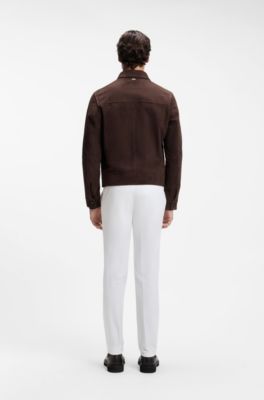 Suede leather jacket with zipper closure, Dark Brown