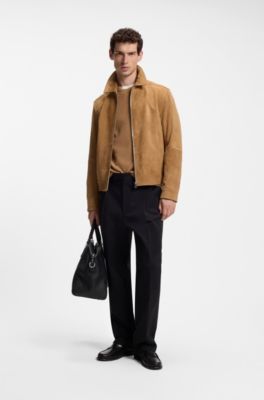 Suede leather jacket with zipper closure, Beige