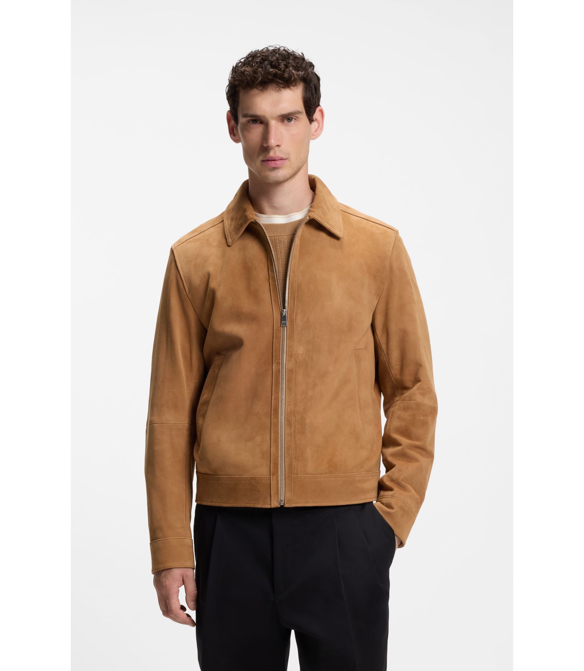 BOSS スウェードレザージャケット BOSS - Suede leather jacket with zipper closure - Beige